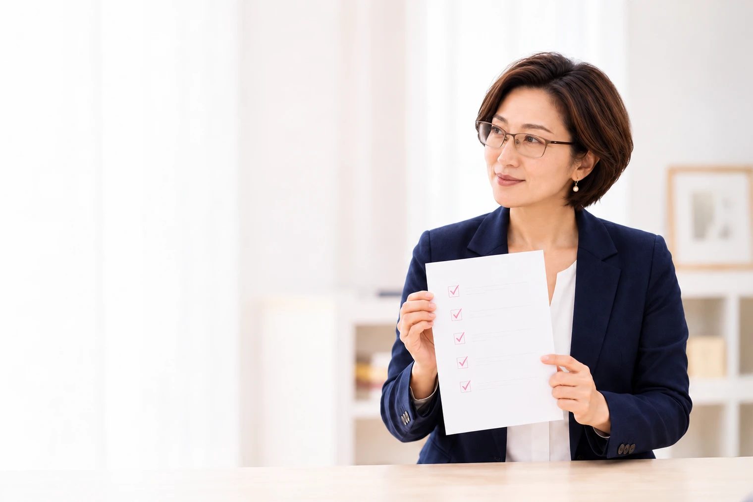 スーツ姿の女性が書類を手に立っている写真