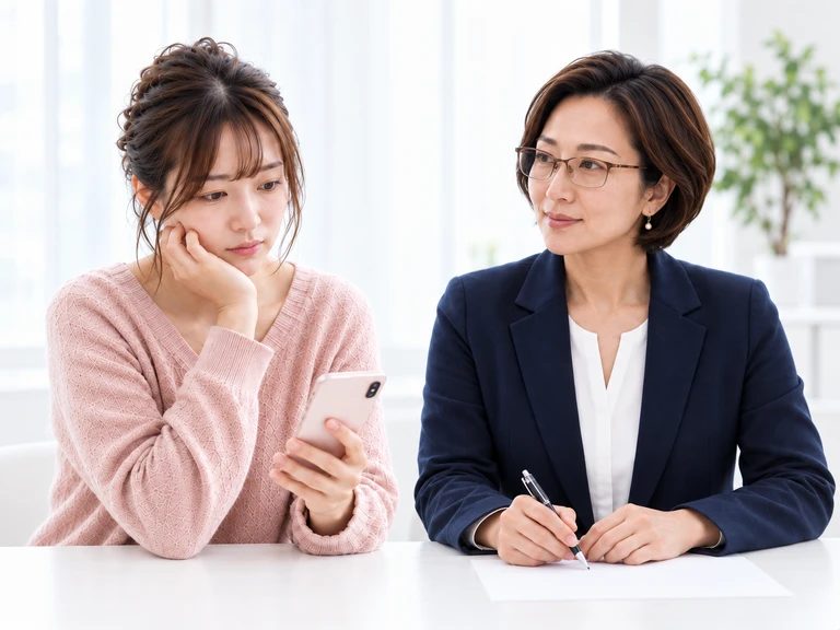 眼鏡をかけたスーツ姿の女性がノートに書き込む様子